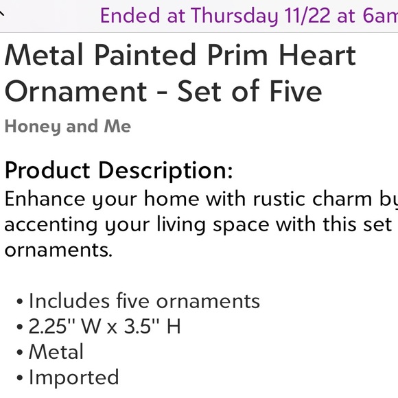 Honey and Me-Prim Heart ornaments set of 5-metal rustic hanging heart decor- NWT - Picture 2 of 2